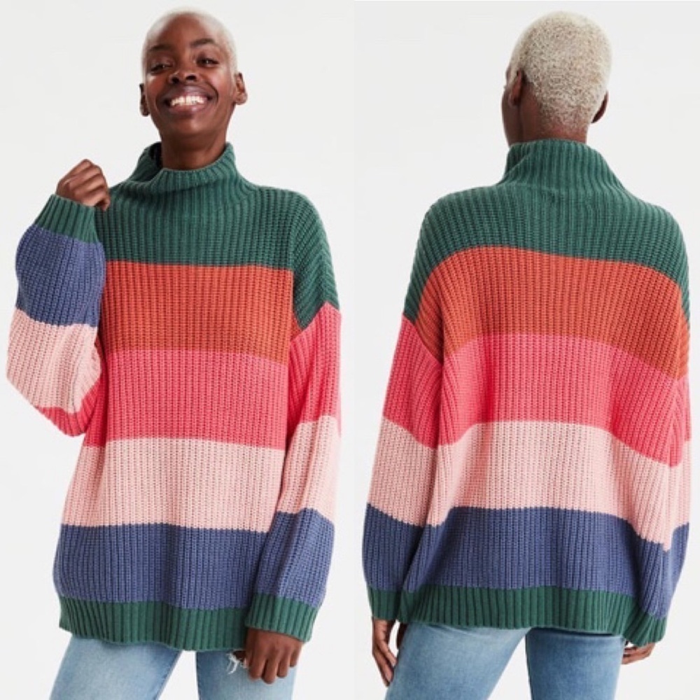 American Eagle Oversized Multicolor Striped Mock Neck Knit Sweater Size XS - Picture 4 of 12